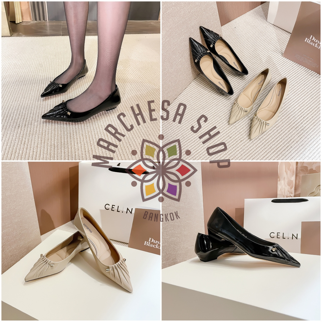 S3131 - 真皮牛漆皮皺摺彎扣尖頭平底鞋