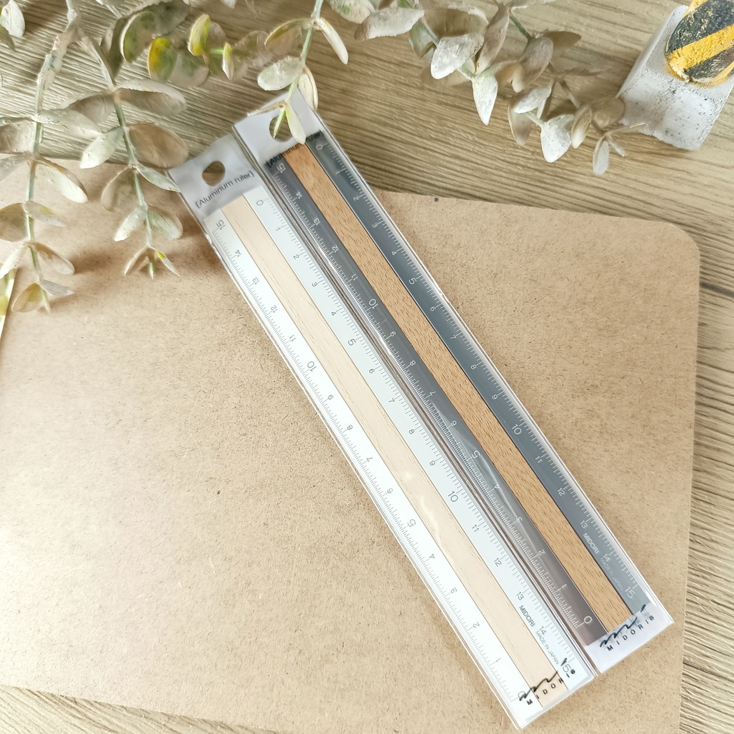 日本MIDORI．15cm鋁木尺 灰/象牙白