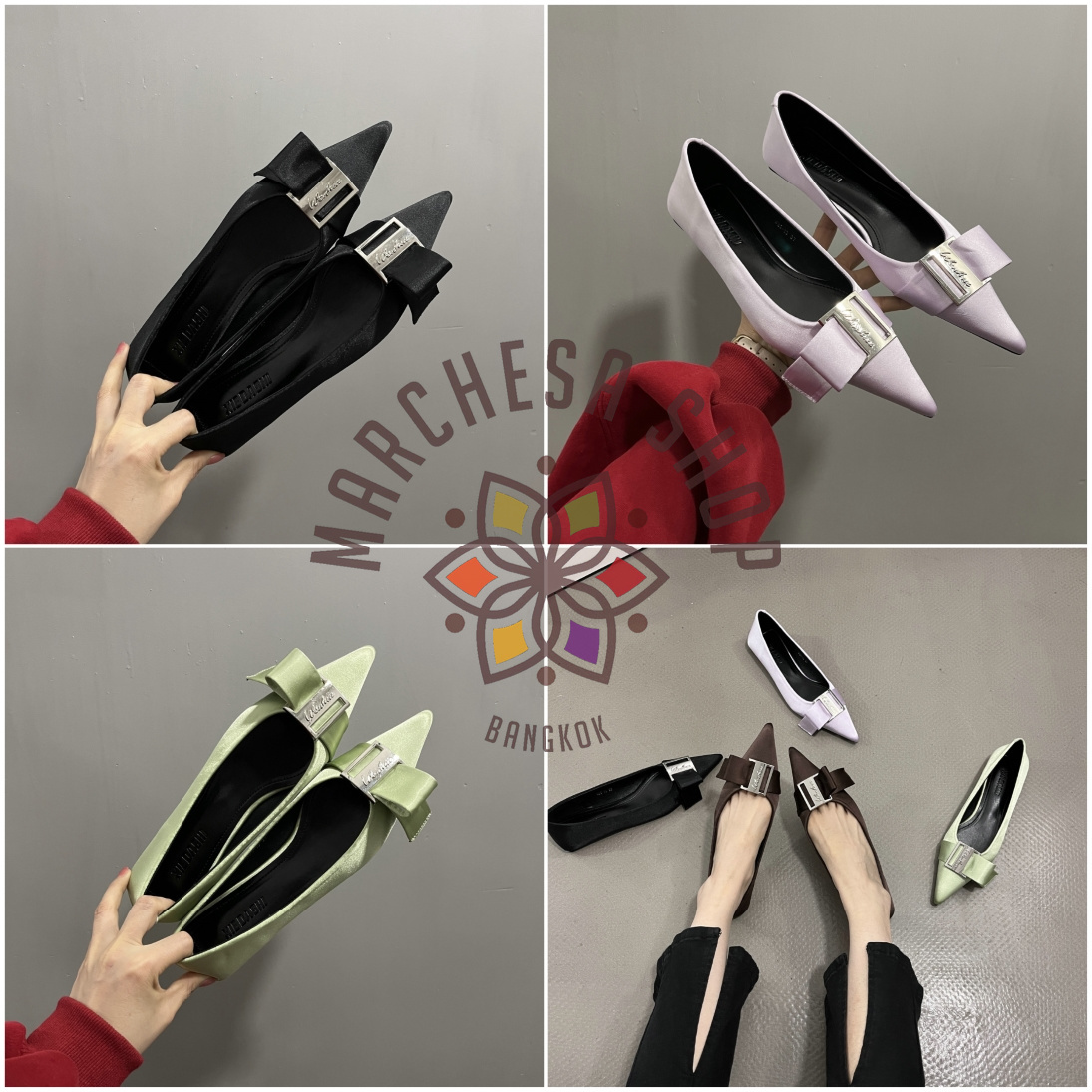 S3133 - 牛皮絲綢銀扣帶尖頭平底鞋