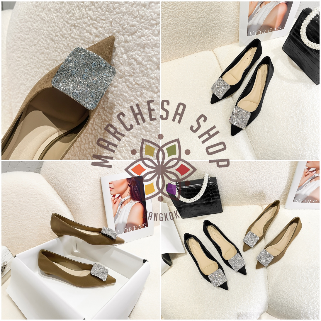 S3134 - 全真皮羊猄皮極閃水鑽尖頭平底鞋