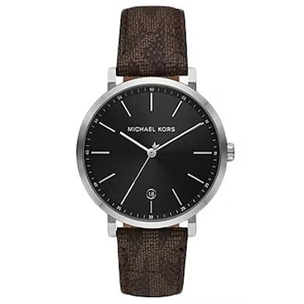 【MICHAEL KORS】帶日期銀框 簡約時尚 質感皮革女款腕錶-