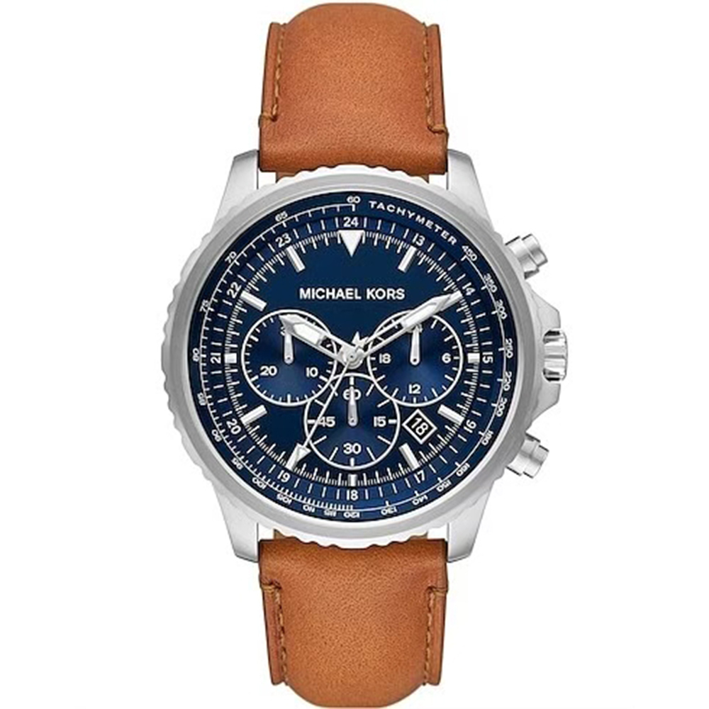 【MICHAEL KORS】真三眼帶日期 銀框 質感皮革 夜光腕錶-