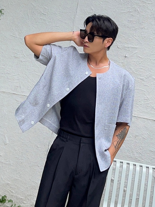 (韓國獨家特價)亞麻粗花呢短袖襯衫夾克