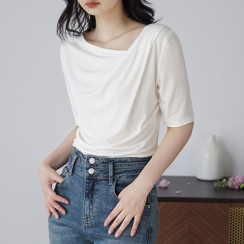 不對稱短袖 斜領上衣(黑/白)