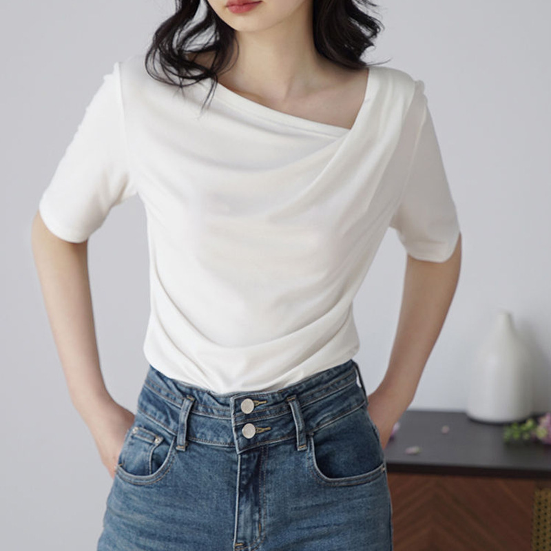 不對稱短袖 斜領上衣(黑/白)