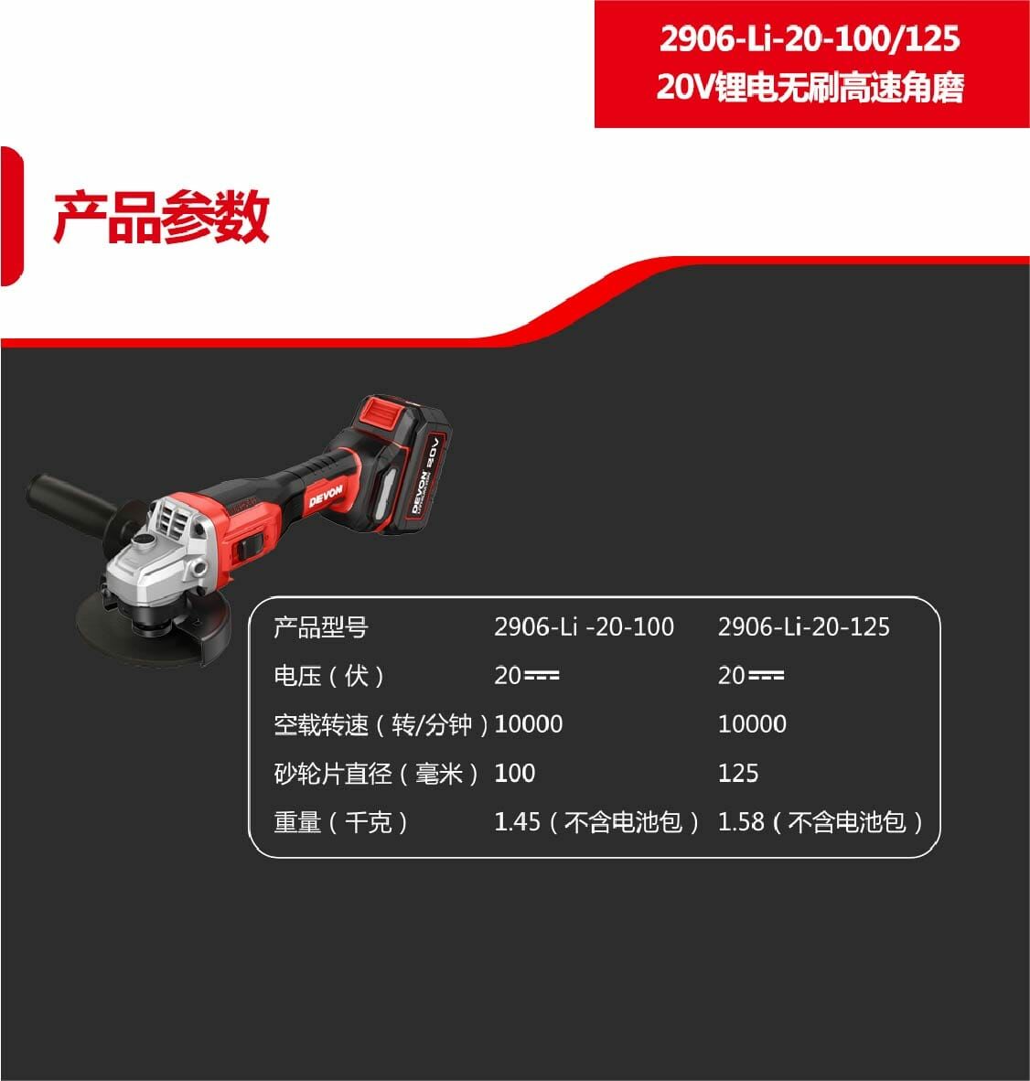 DEVON 2908 -Li-20-100/125 20V锂电无刷（4”）高速角磨 (淨機)