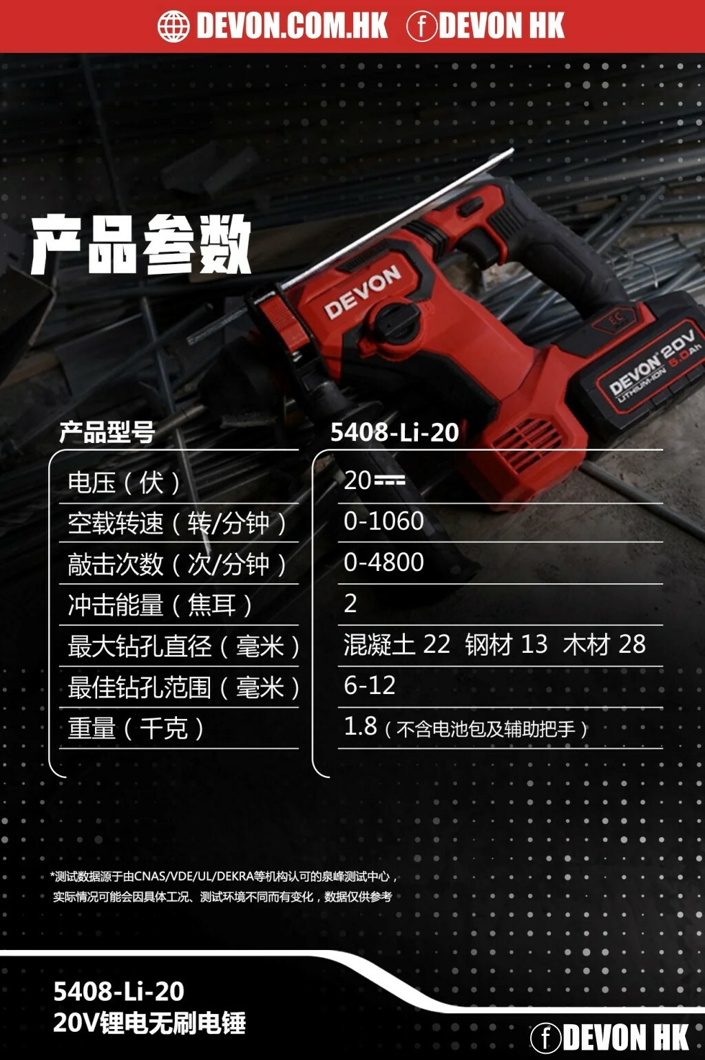 大有DEVON 輕型電錘(鋰20V)(無刷) 5408-Li-20  (淨機)