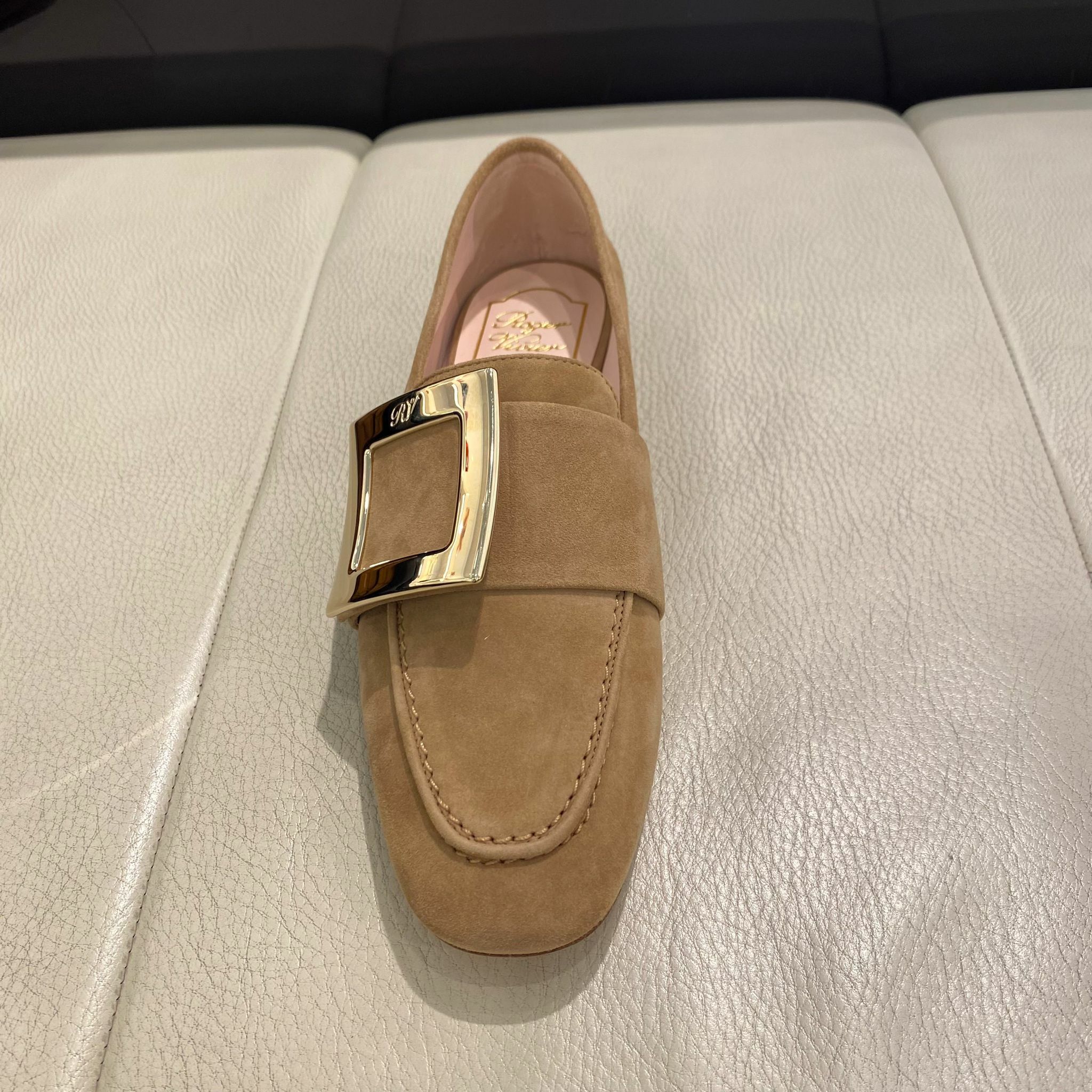 Roger Vivier RV metal buckle soft leather loafers tan