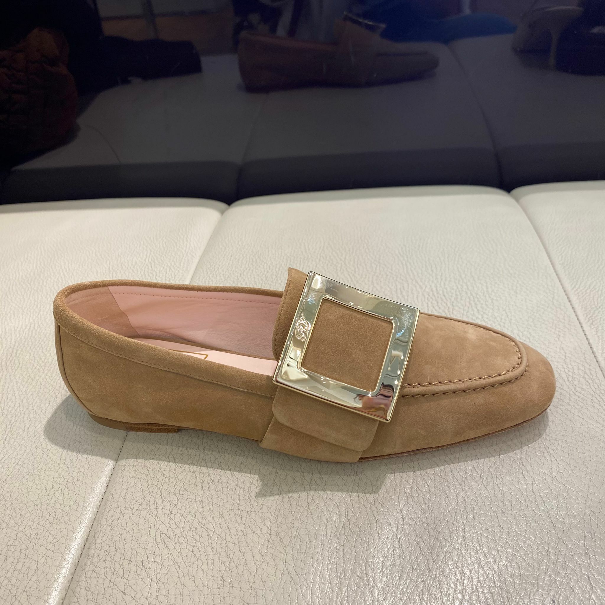 Roger Vivier RV metal buckle soft leather loafers tan