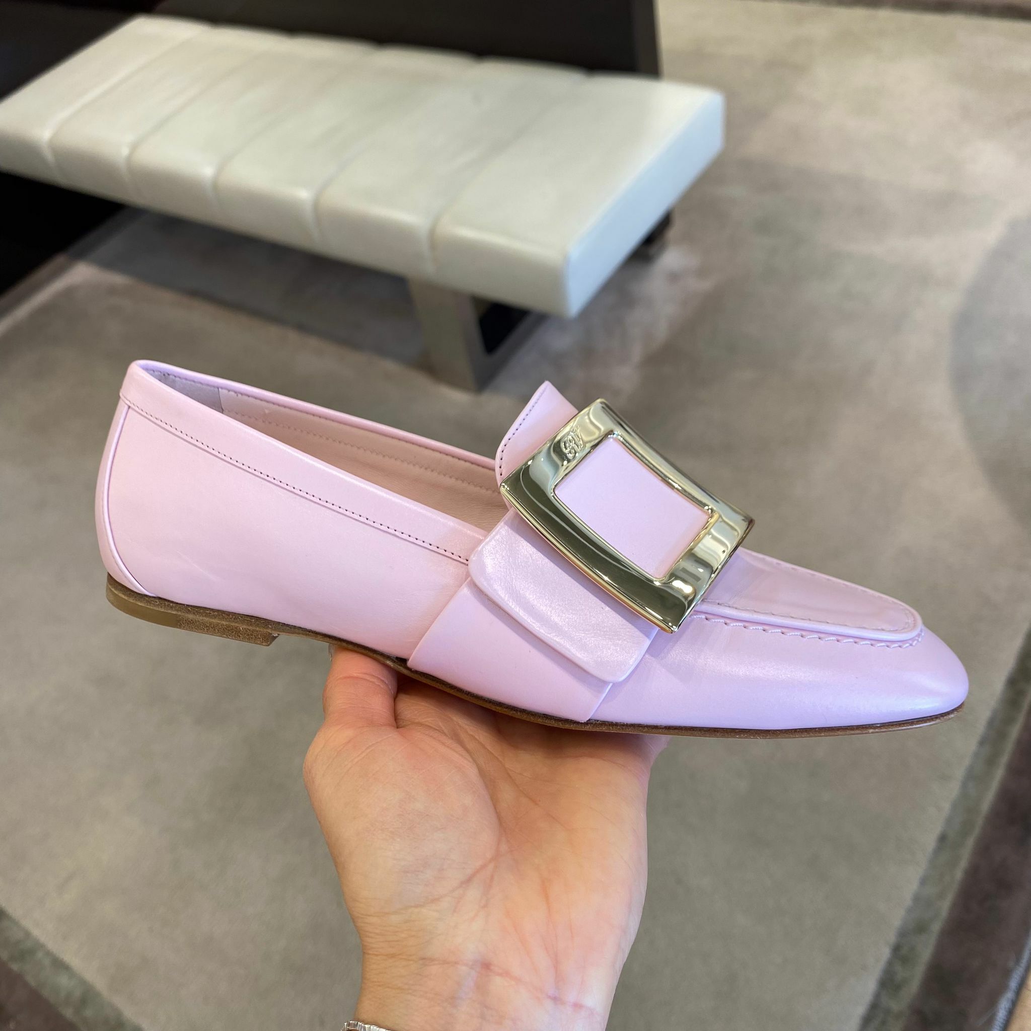 Roger Vivier RV metal buckle soft leather loafers pink