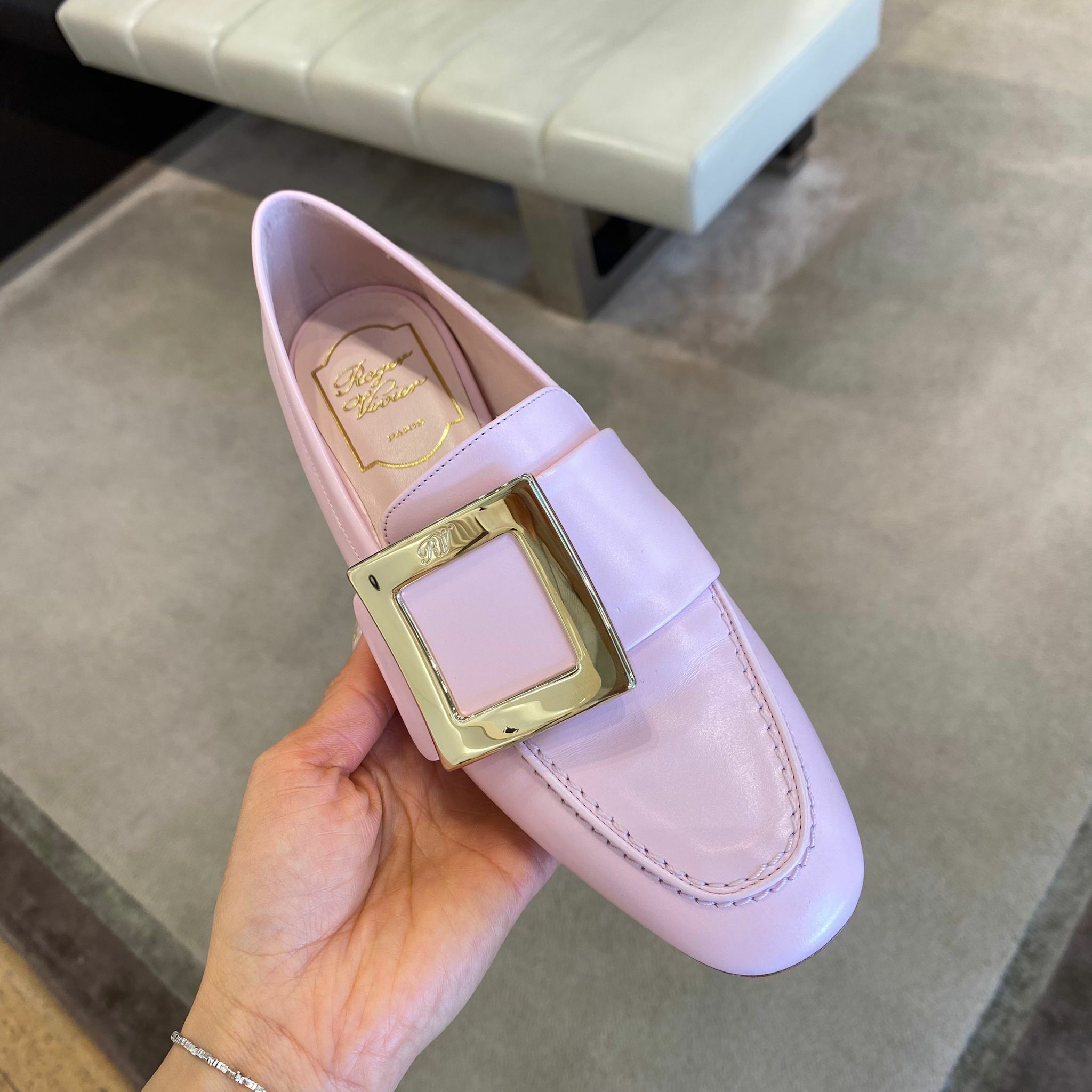 Roger Vivier RV metal buckle soft leather loafers pink