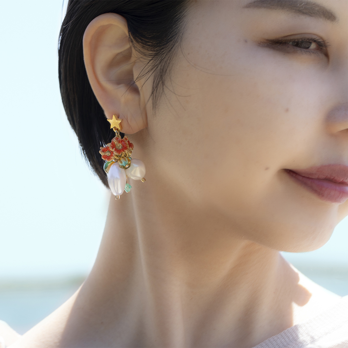 朱槿花珍珠耳環