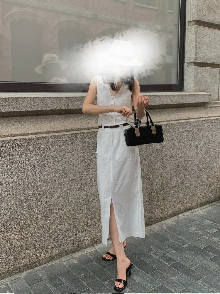 天絲棉麻無袖上衣+高腰開衩裙(2件組)