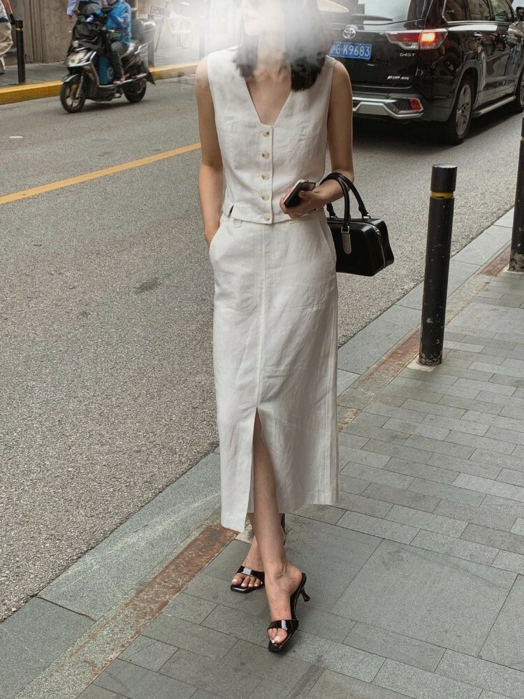 天絲棉麻無袖上衣+高腰開衩裙(2件組)