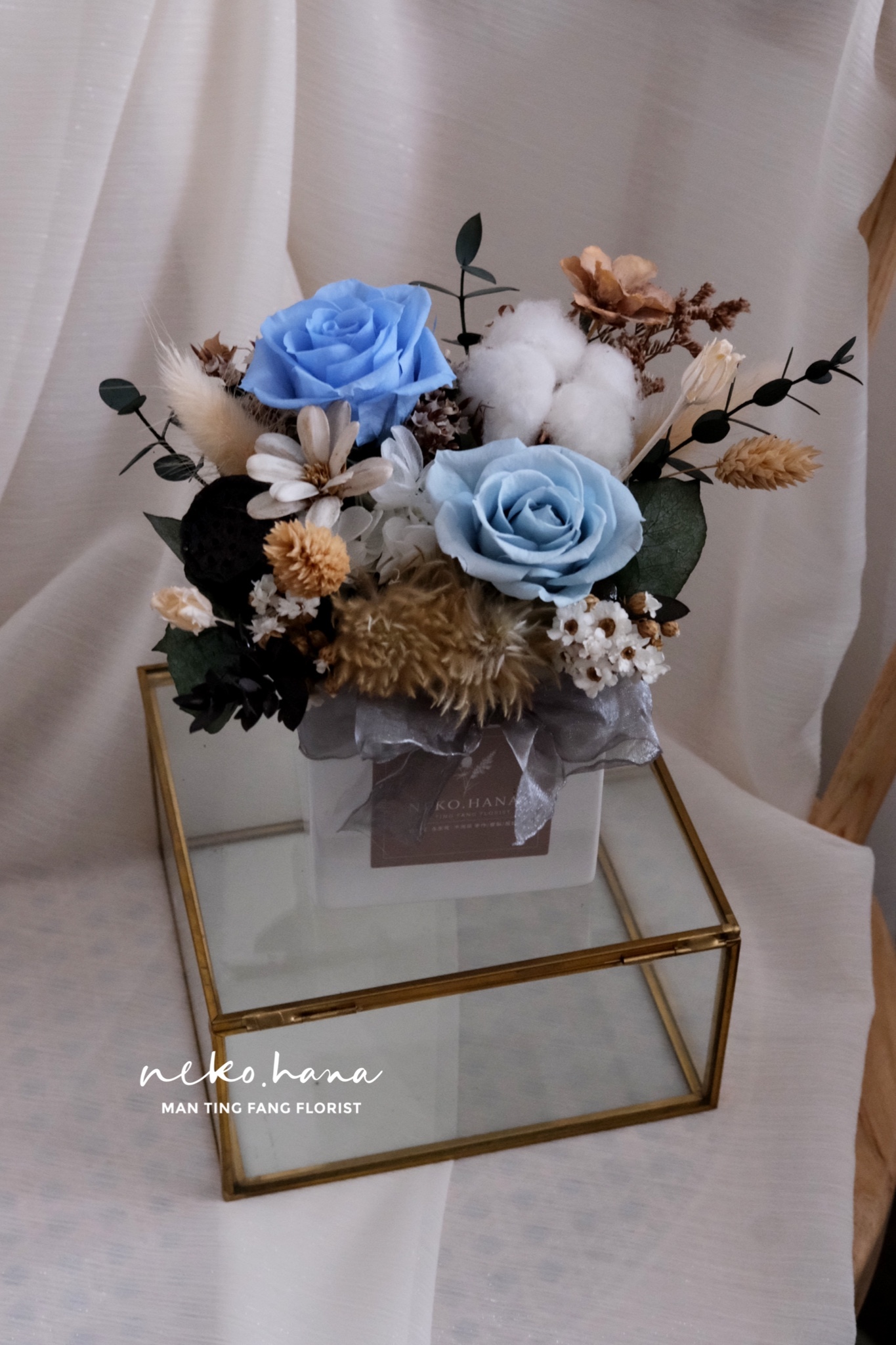 方磚水藍色調永生盆花