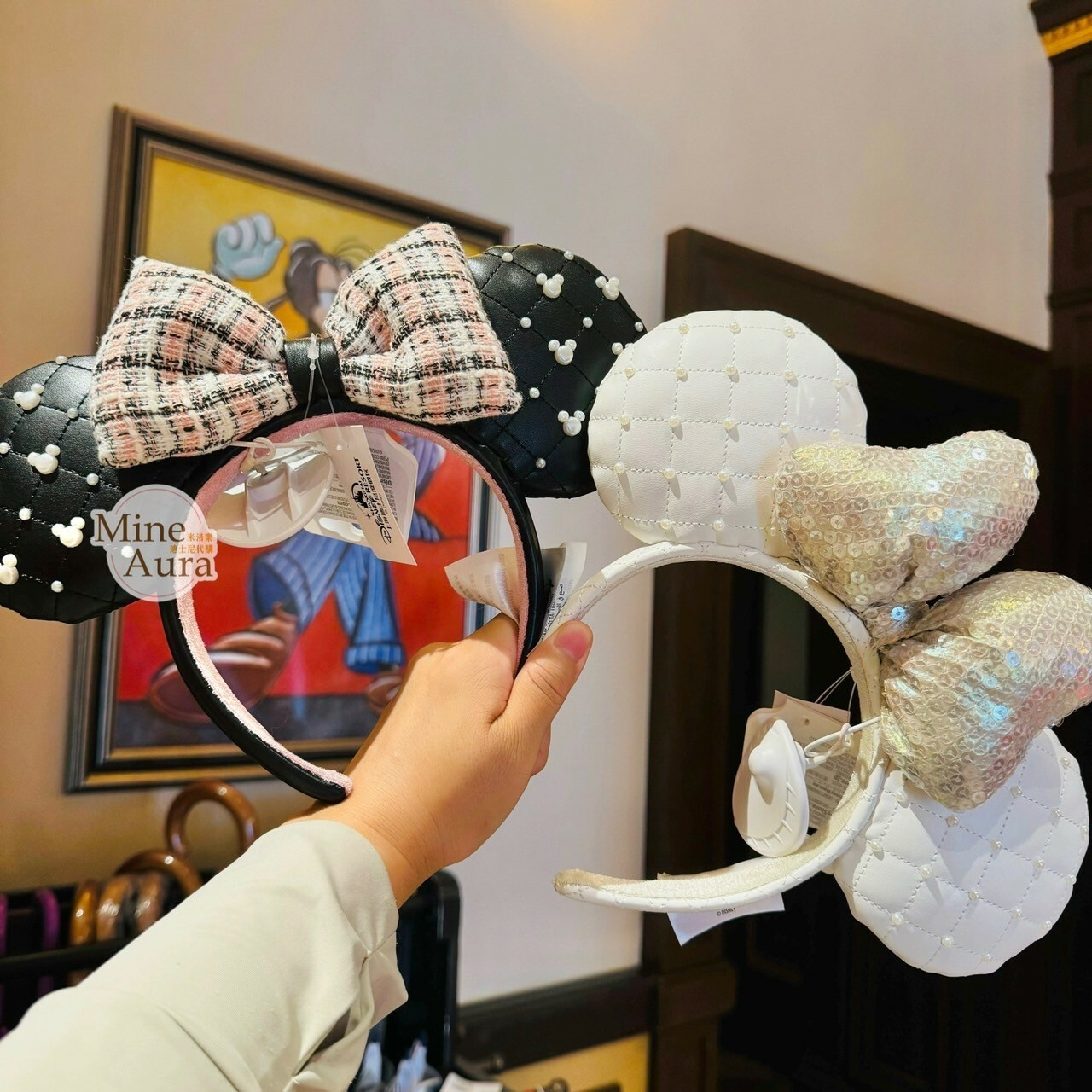 米妮 Minnie 毛呢蝴蝶結造型 菱格紋 珍珠設計 圖案 髮圈 髮箍 -上海迪士尼樂園