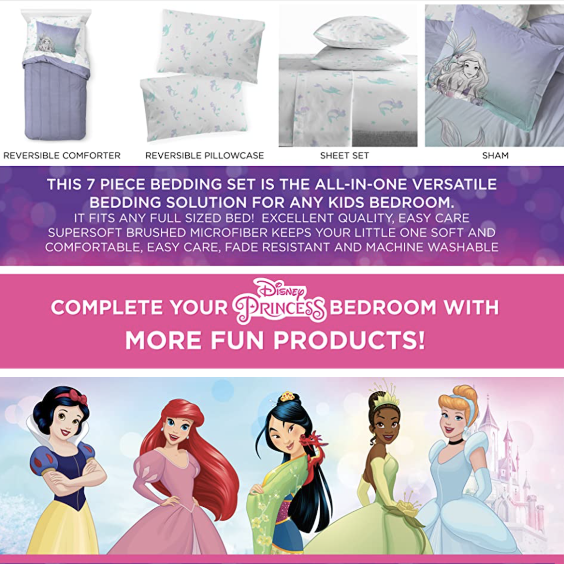 美國 Disney Princess 7 件裝床上套裝 (雙人床) - Ariel