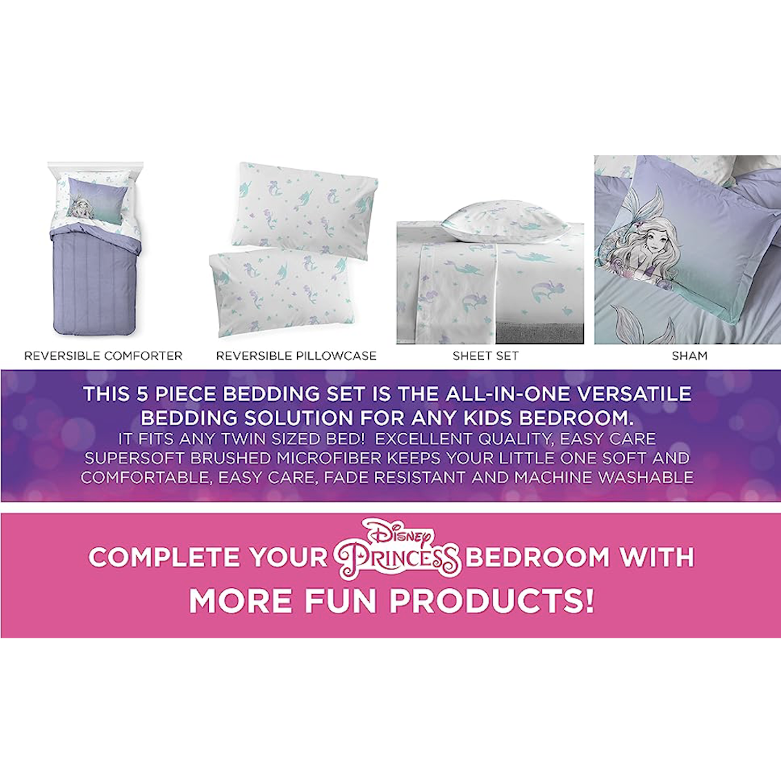 美國 Disney Princess 5 件裝床上套裝 (單人床) - Ariel