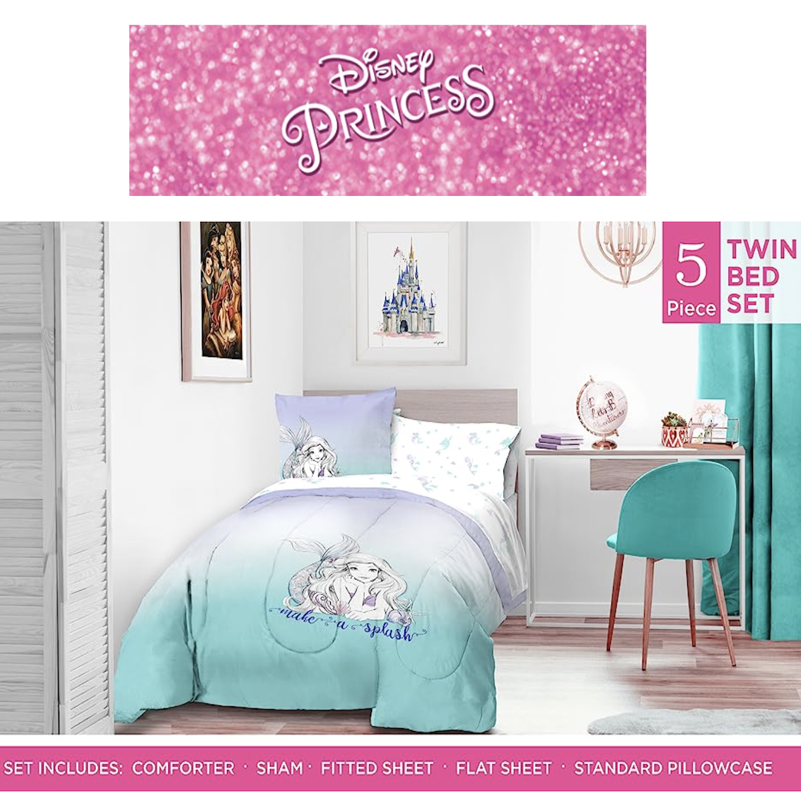 美國 Disney Princess 5 件裝床上套裝 (單人床) - Ariel