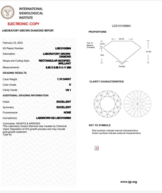 IGI LAB GROWN 1.10 D VS1 3EX NON (HEART ARROW)