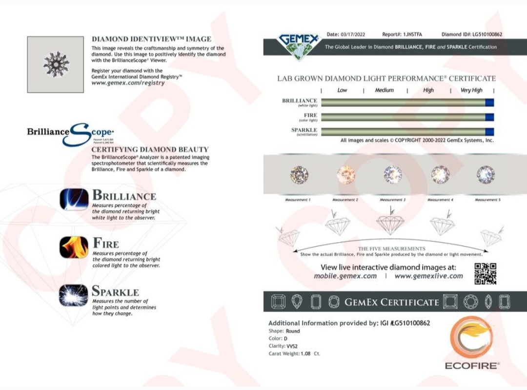 IGI LAB GROWN 1.08 D VVS2 3EX NON (HEART ARROW)