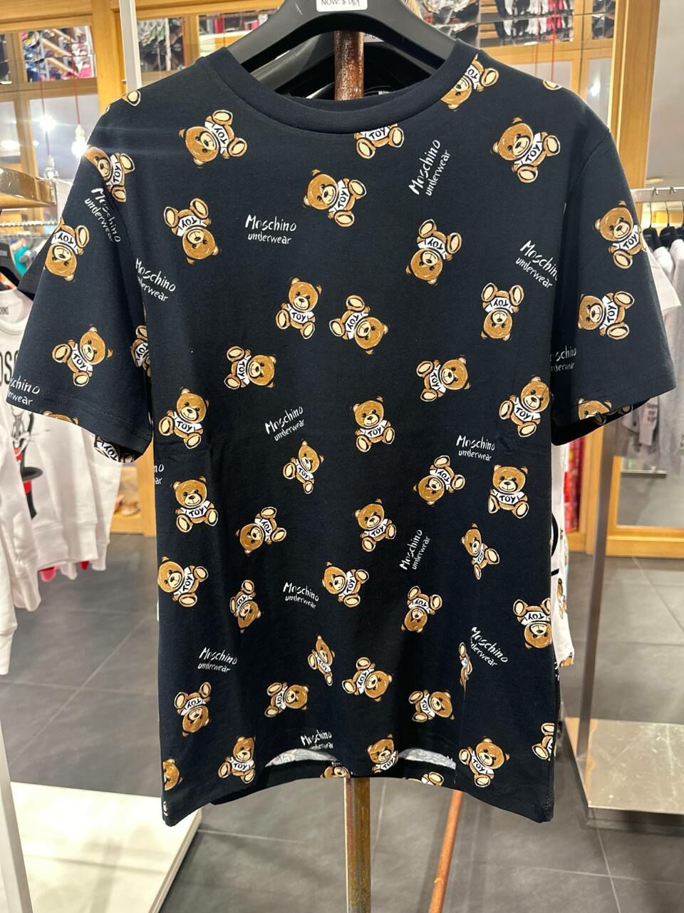 E] MOSCHINO ALL OVER TEDDY BEAR PRINT TEE,BLACK, V1T07024417