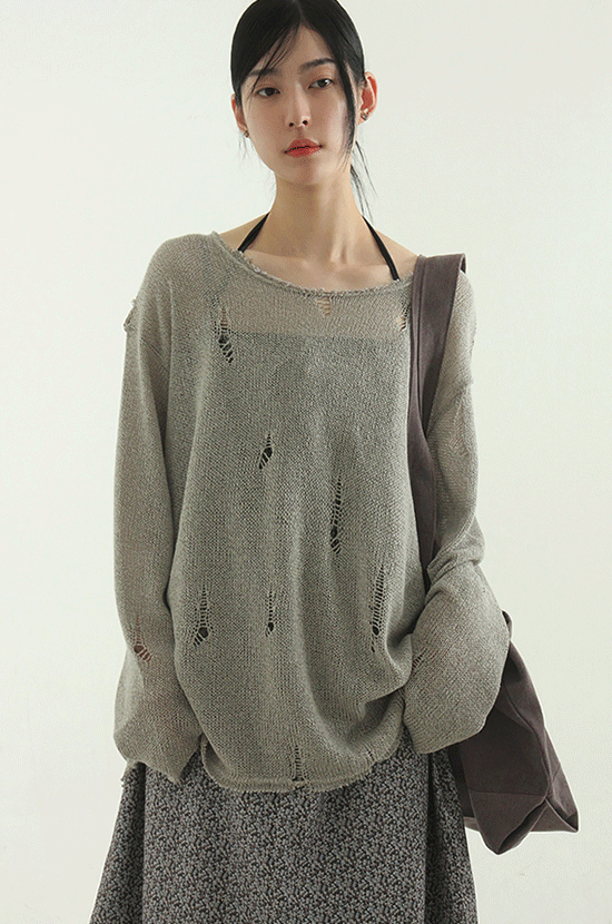 (韓國獨家特價)復古破洞圓領長袖T恤