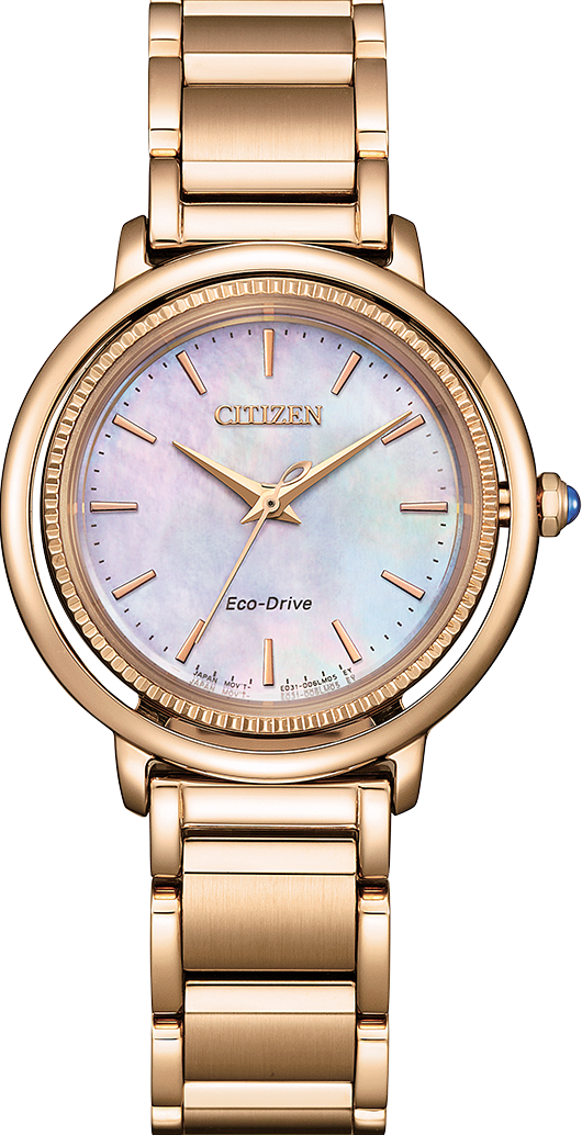 萬年鐘錶 - Citizen 星辰錶  L系列 玫瑰金貝殼錶面光動能女錶  EM1103-86Y 錶徑 31.2MM