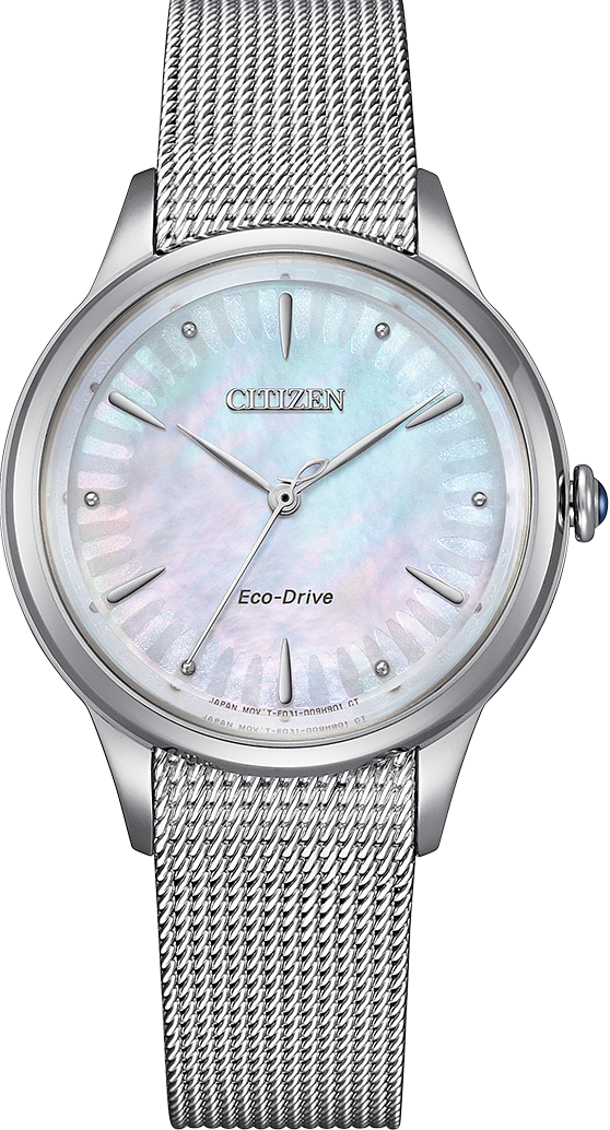 萬年鐘錶 - Citizen 星辰錶  L系列  珍珠貝殼藍面米蘭錶帶光動能女錶  EM1150-86D  錶徑 32.5MM