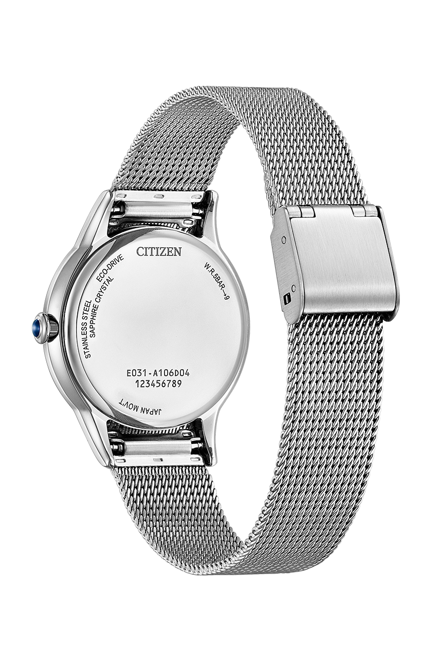 萬年鐘錶 - Citizen 星辰錶  L系列  珍珠貝殼藍面米蘭錶帶光動能女錶  EM1150-86D  錶徑 32.5MM