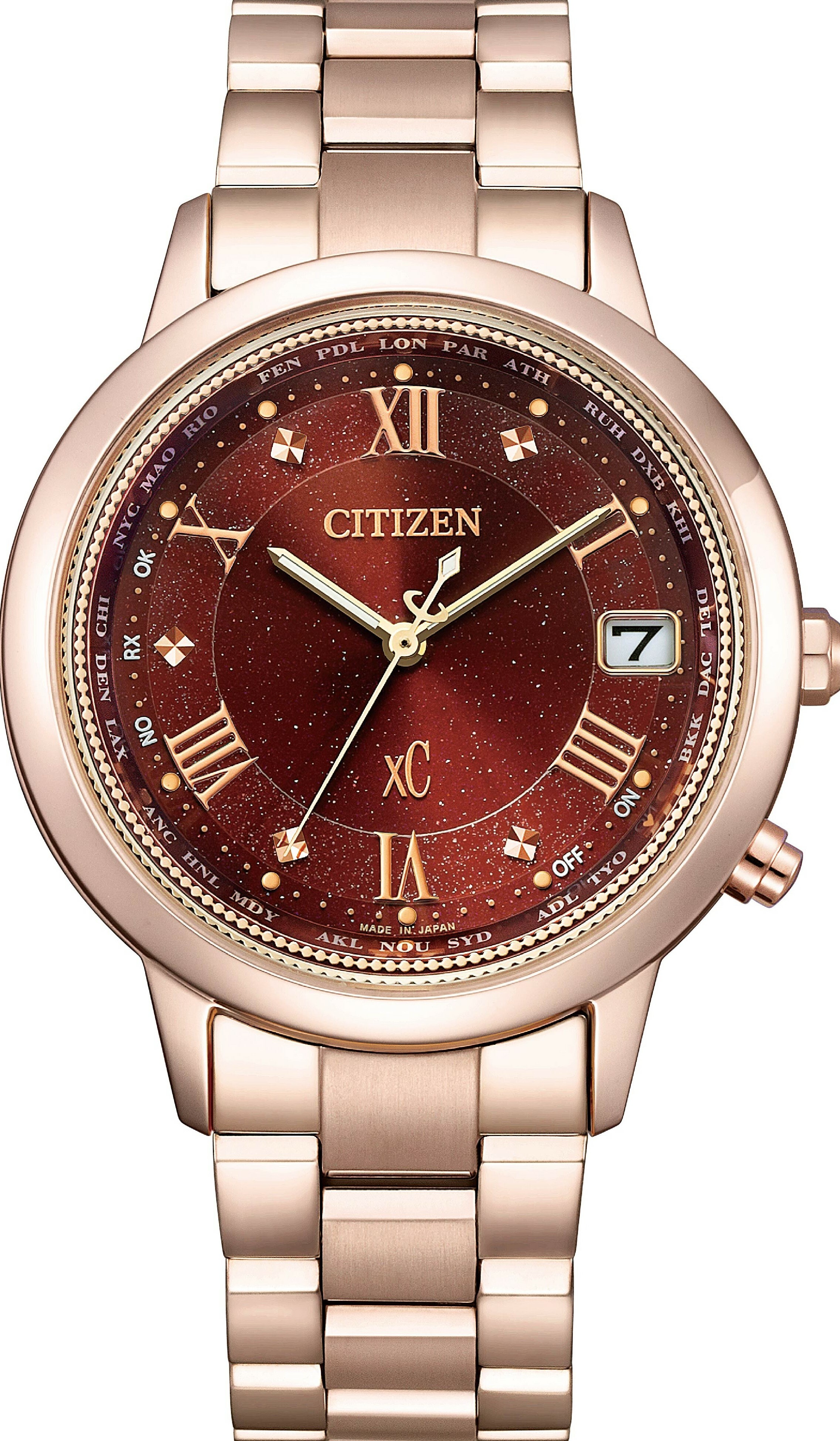 萬年鐘錶 - Citizen 星辰錶  XC   星空酒紅面盤世界時間鈦金屬光動能電波女錶 CB1138-62W 錶徑36MM