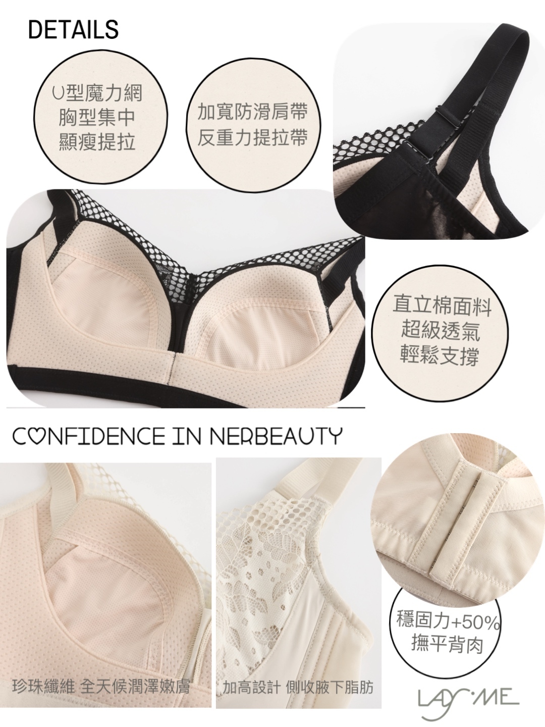 詳細介紹副乳內衣的材質,包含文字:'魔力網胸型集中,纖瘦拉提','加寬肩帶反重力提拉帶','直立棉面料,超級透氣,輕鬆支撐','珍珠纖維','加高設計'