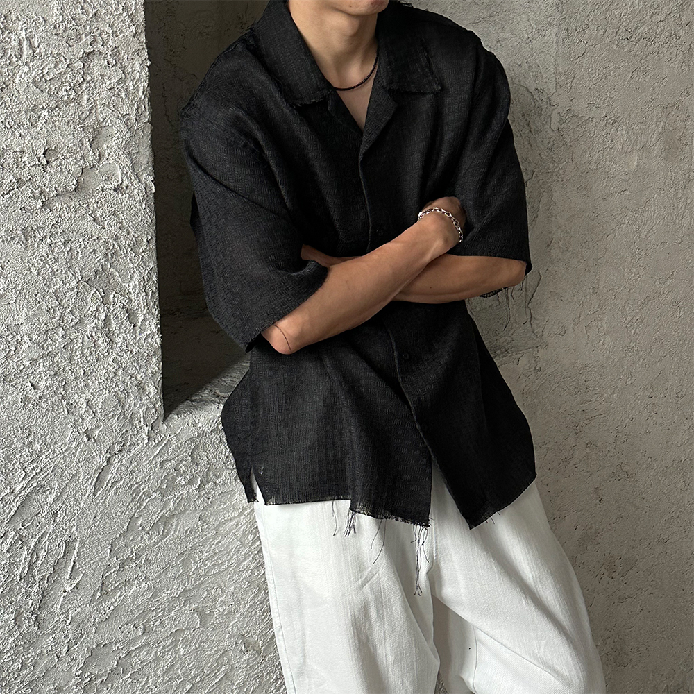 微小粗花呢敞開領裁剪亞麻襯衫
