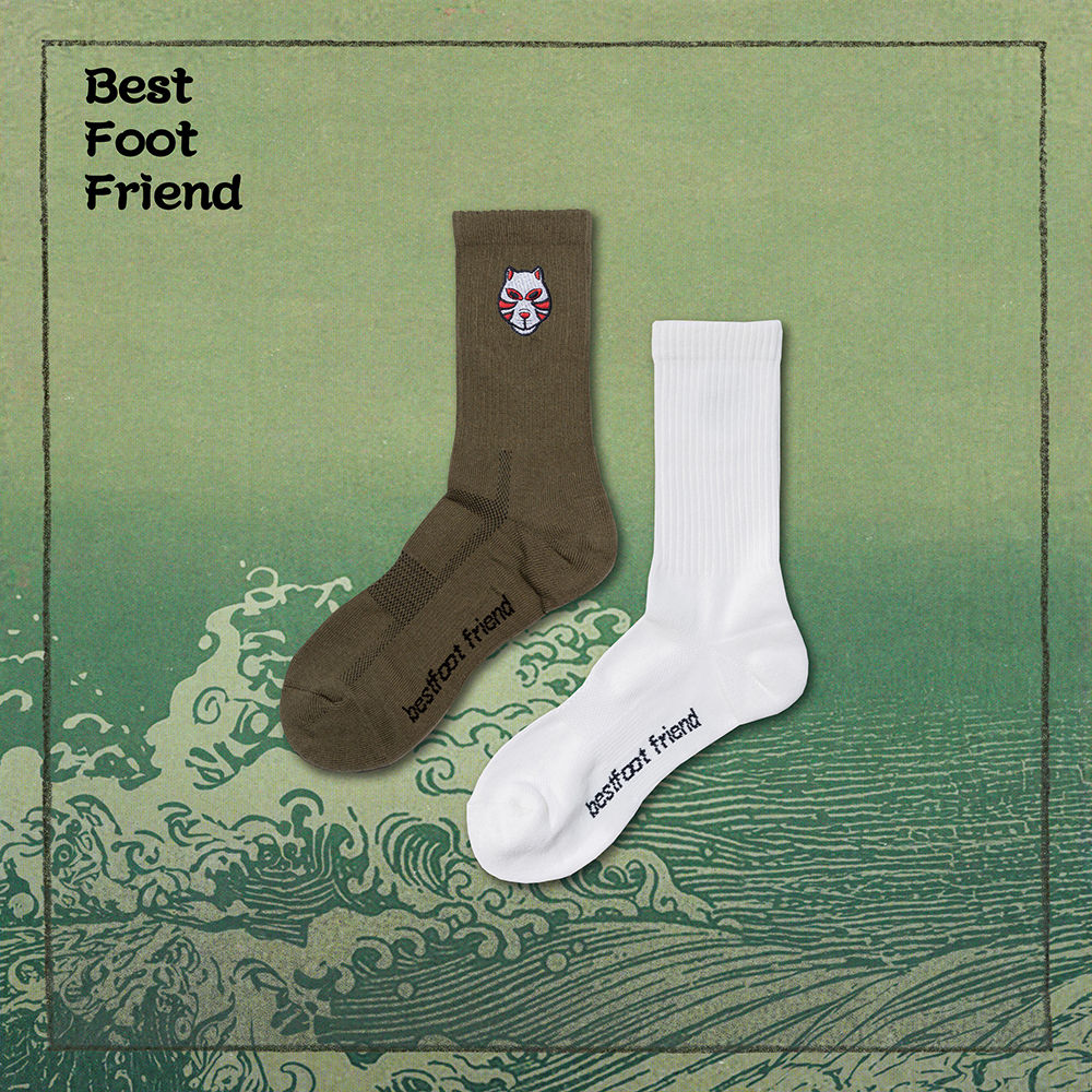 BFF Symptom Socks Kitsune mask 白色 橄欖綠 狐面 刺繡 中筒襪 長襪【BF24014】