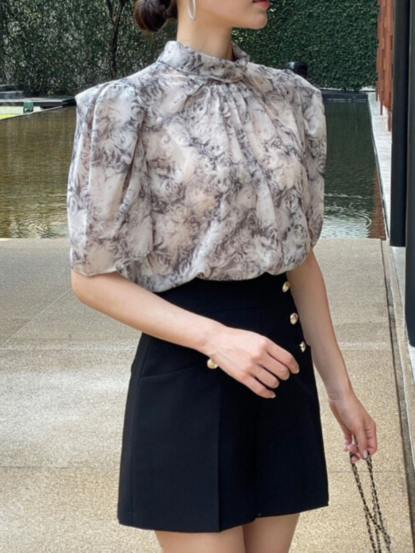 [現貨] Rosalind 潑墨玫瑰雪紡襯衫(黑色) [ Free ]