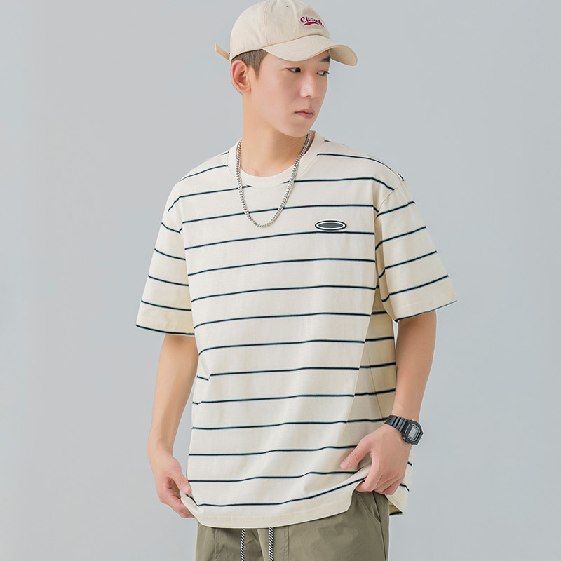 熱推寬鬆休閒短袖T恤(M-3XL碼 T6291杏色條紋)(下單後聯絡客服確認發貨尺碼)