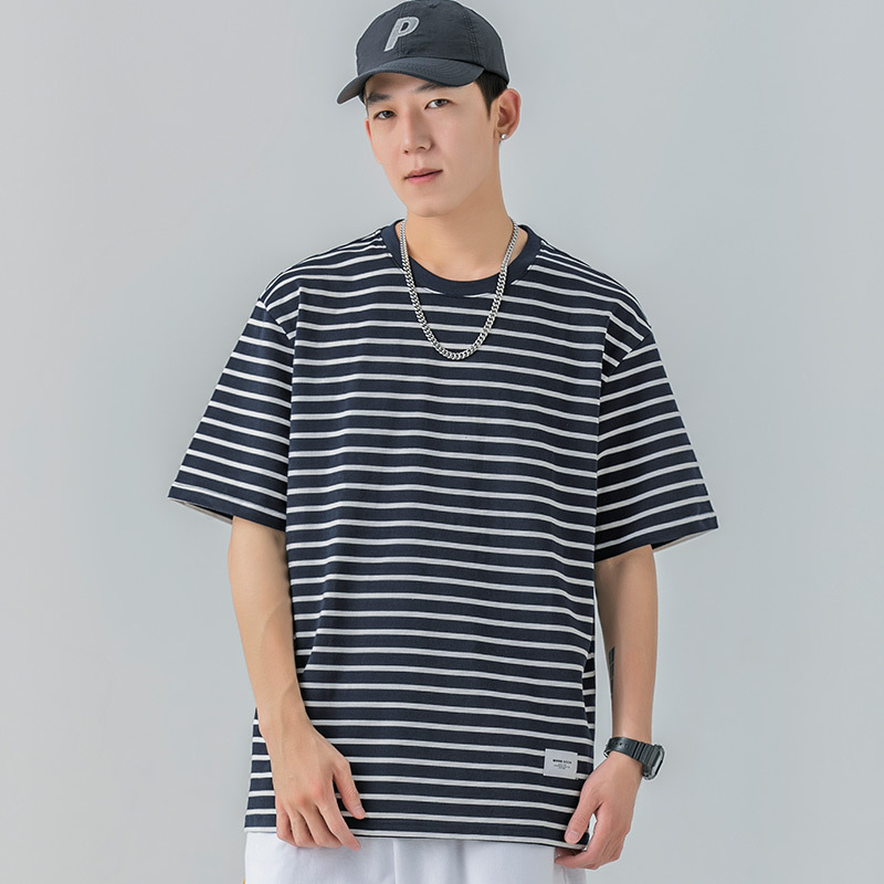 Loose casual short sleeve T-shirt (M-3XL T1020 navy stripes) (contact customer service to confirm shipping size after placing an order)
