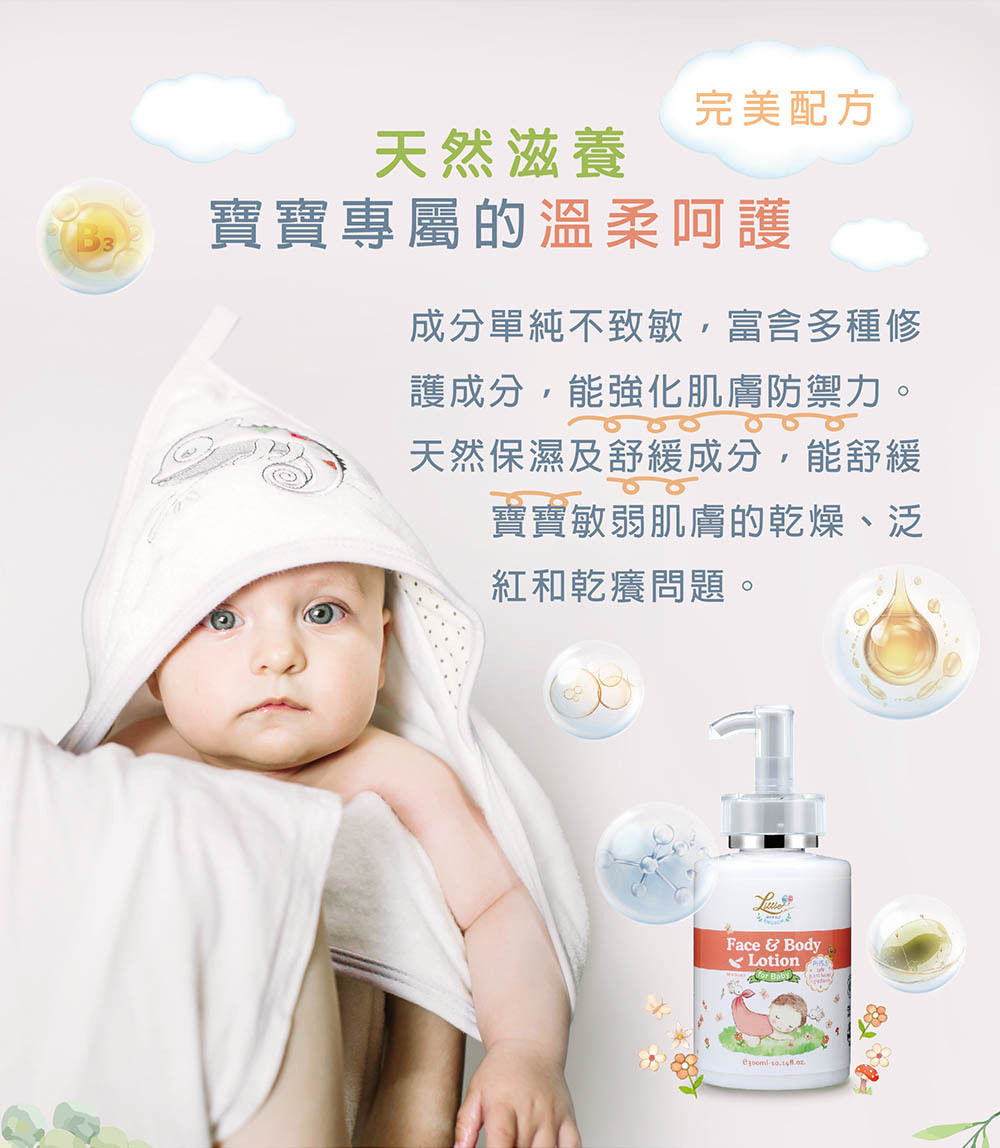全能寶寶修護乳液-成分介紹:成分單純天然,富含多種修護、保濕及舒緩成分,能緩解寶寶敏弱肌膚的乾燥、泛紅和乾癢問題。