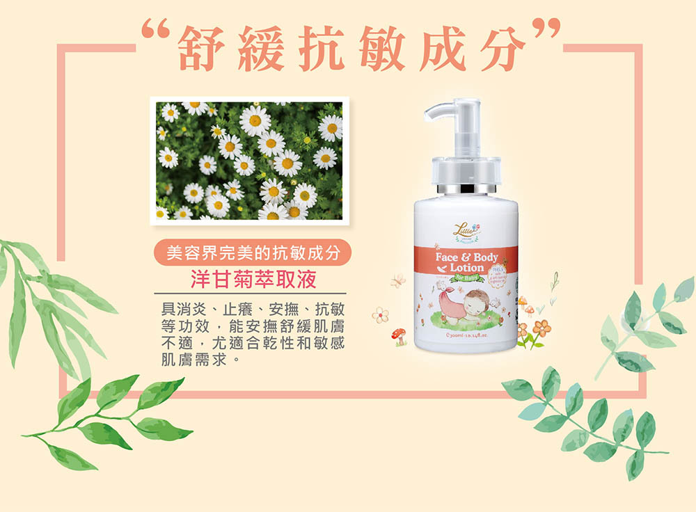 全能寶寶修護乳液-添加洋甘菊萃取液,具消炎、止癢、安撫、抗敏功效,能安撫舒緩肌膚不適,適合乾性和敏感肌膚。
