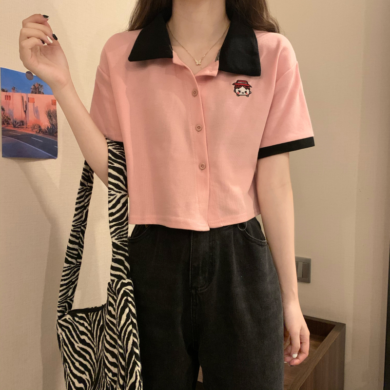 Women's Short Sleeve Shirt (Color: Pink Diagonal Button) (Size: M-XL) (Contact customer service to confirm the shipping size after placing an order)