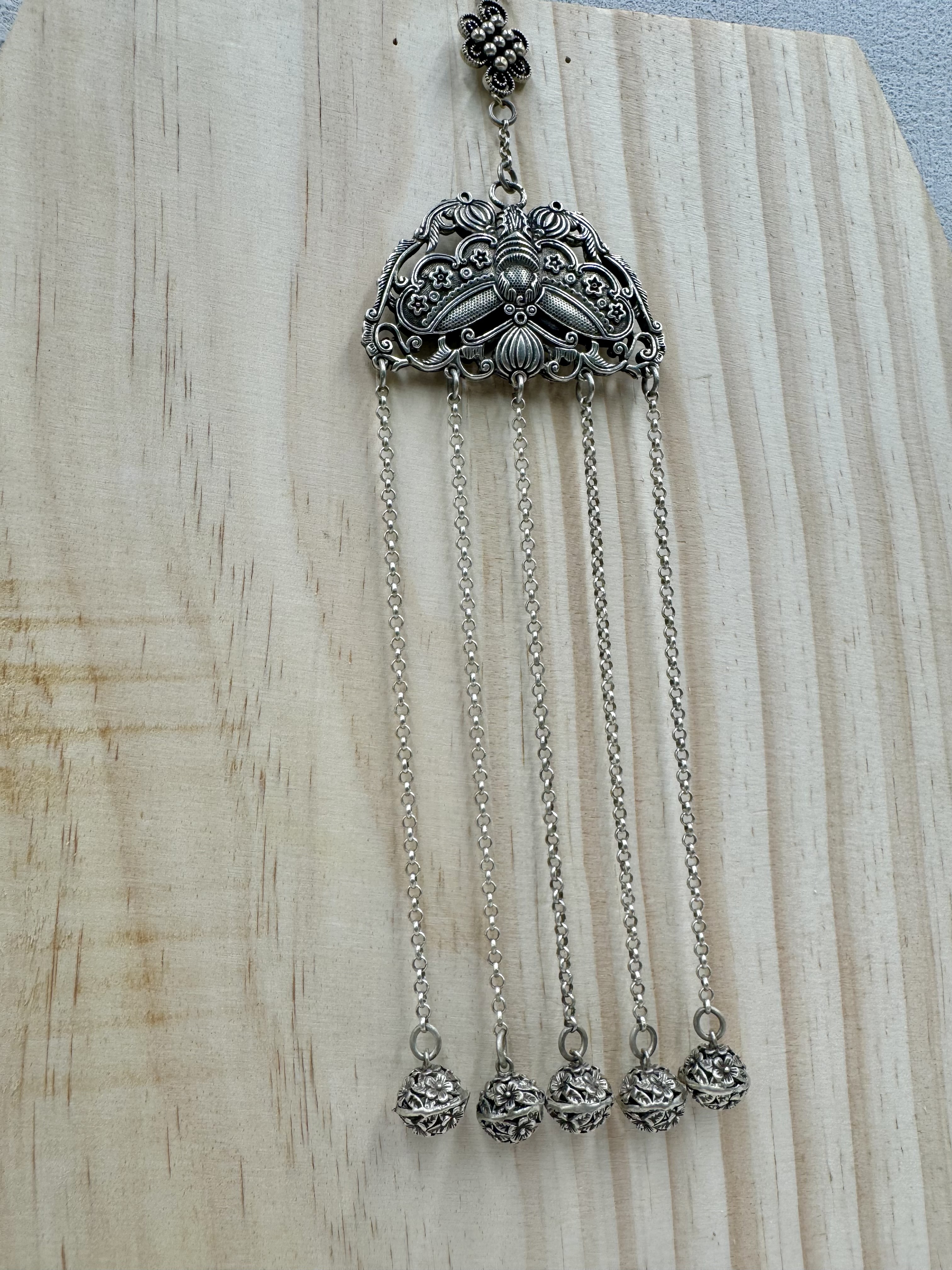 No.12藏銀中國結大蝴蝶鈴鐺鏈條墜飾28cm