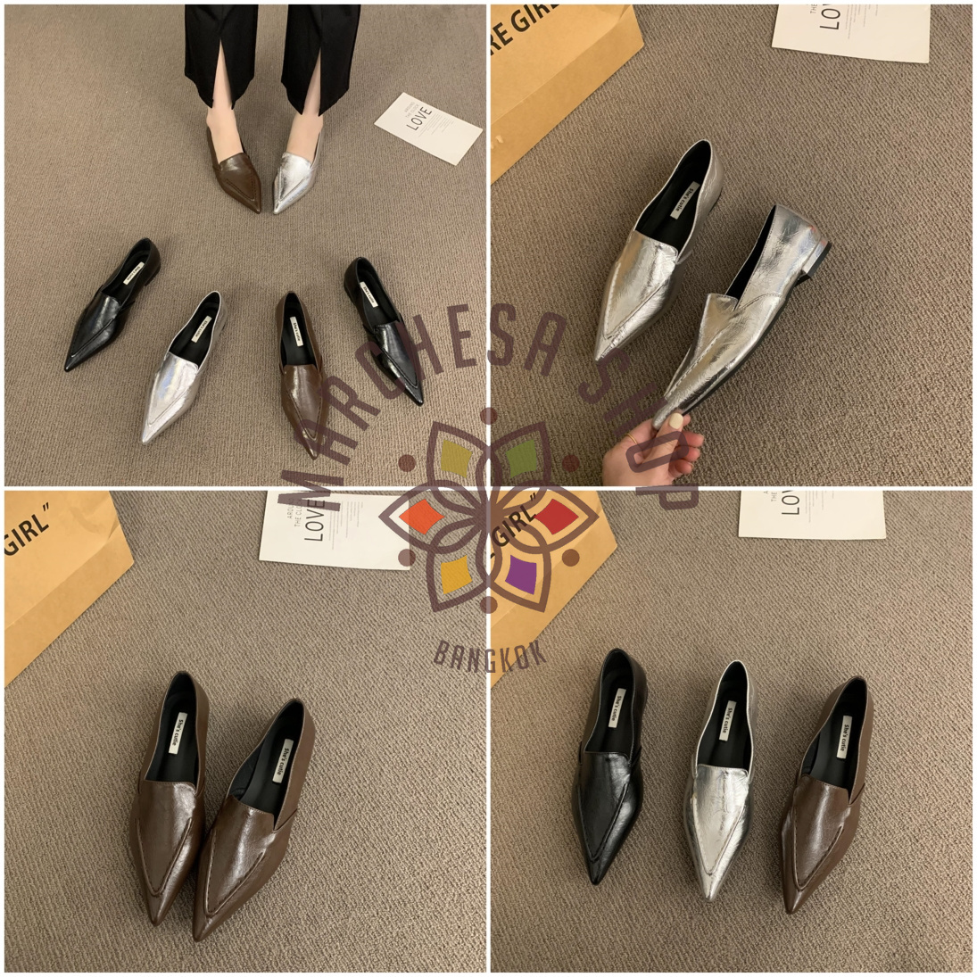 S3135 - 牛皮純色壓線尖頭休閒鞋