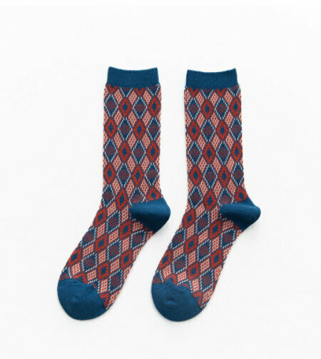 【3 pairs】Mid-rise socks autumn and winter vintage rhombic British socks (blue small rhomb)