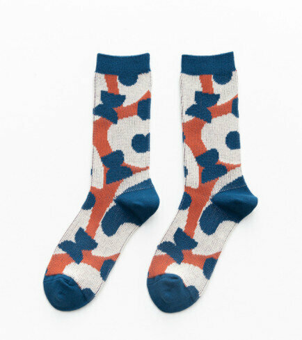 【3 pairs】Mid-rise socks autumn and winter retro rhombic English socks (blue camouflage)