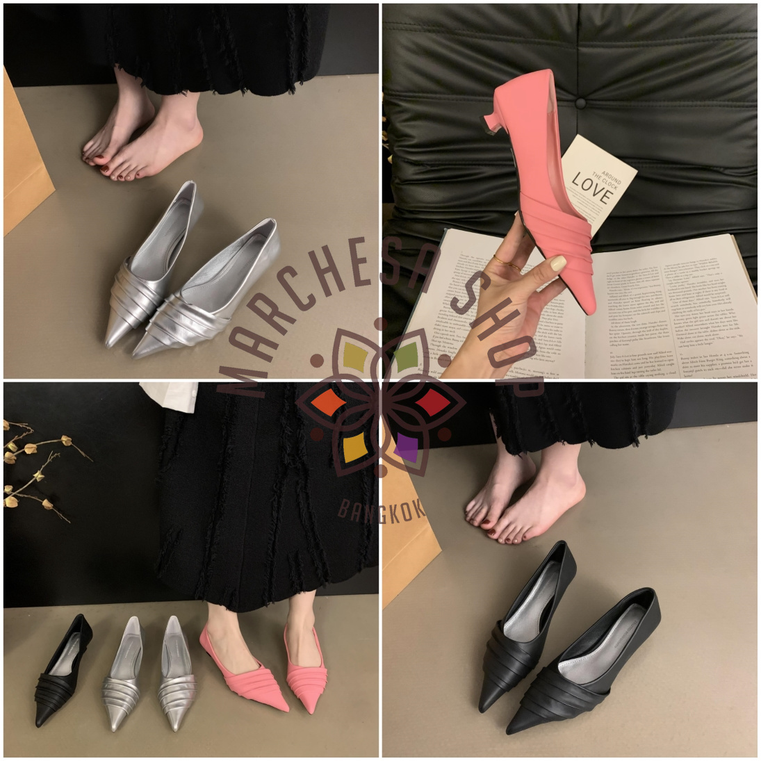 S3138 - 牛皮純色皺摺尖頭低踭鞋