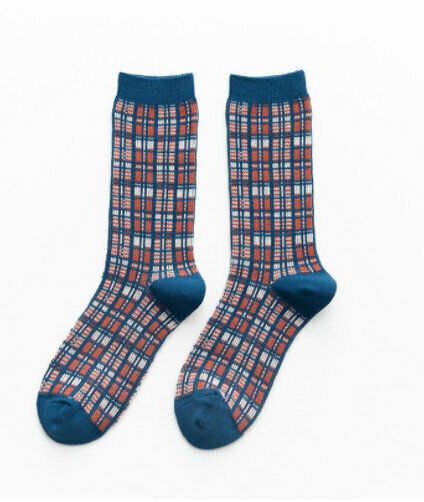 【3 pairs】Mid-rise socks autumn and winter retro quilted British socks (blue check)