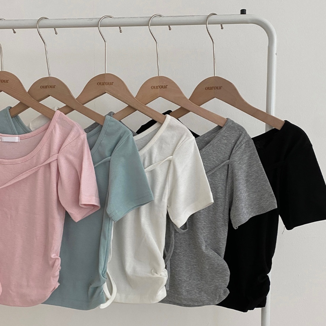 【優惠現貨】韓國短袖設計感綁帶上衣（5色）