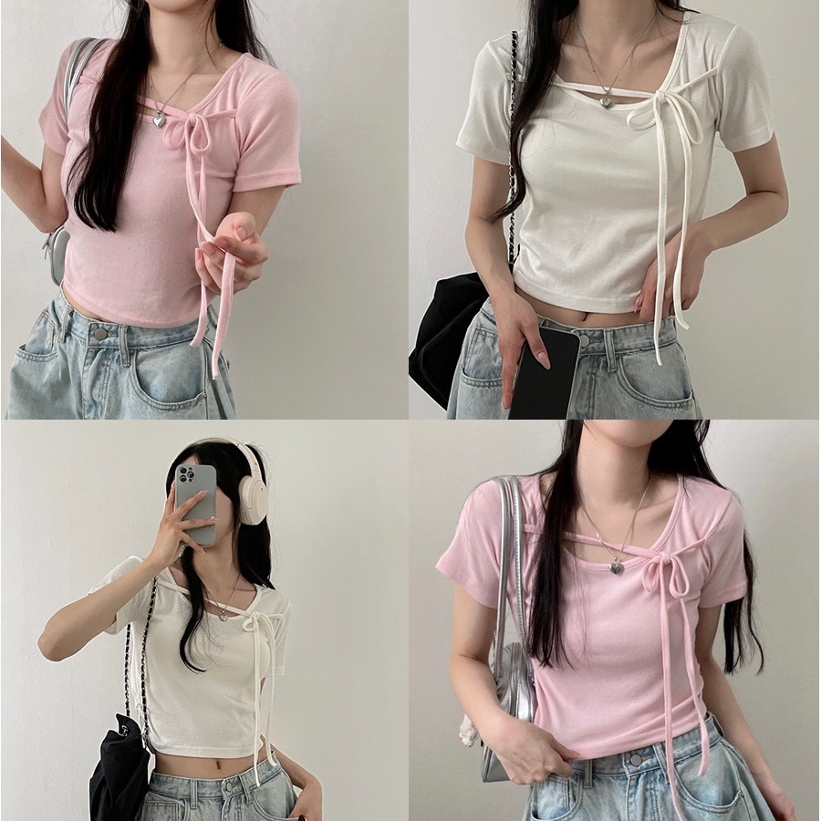 【優惠現貨】韓國短袖設計感綁帶上衣（5色）