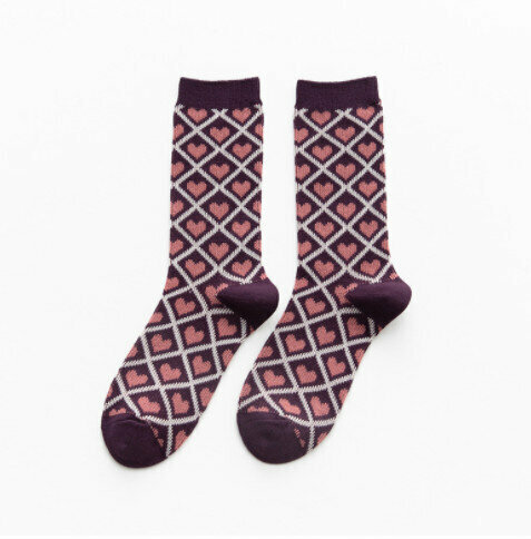 【3 pairs】Mid-rise socks autumn and winter retro rhombic British socks (purple heart rhombus)