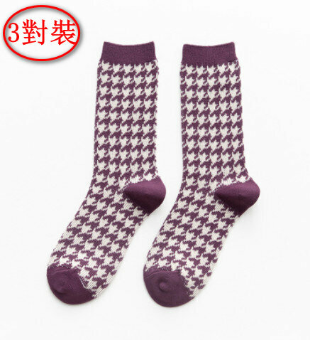 【3 pairs】Mid-rise socks autumn and winter retro quilted British socks (purple houndstooth pattern)